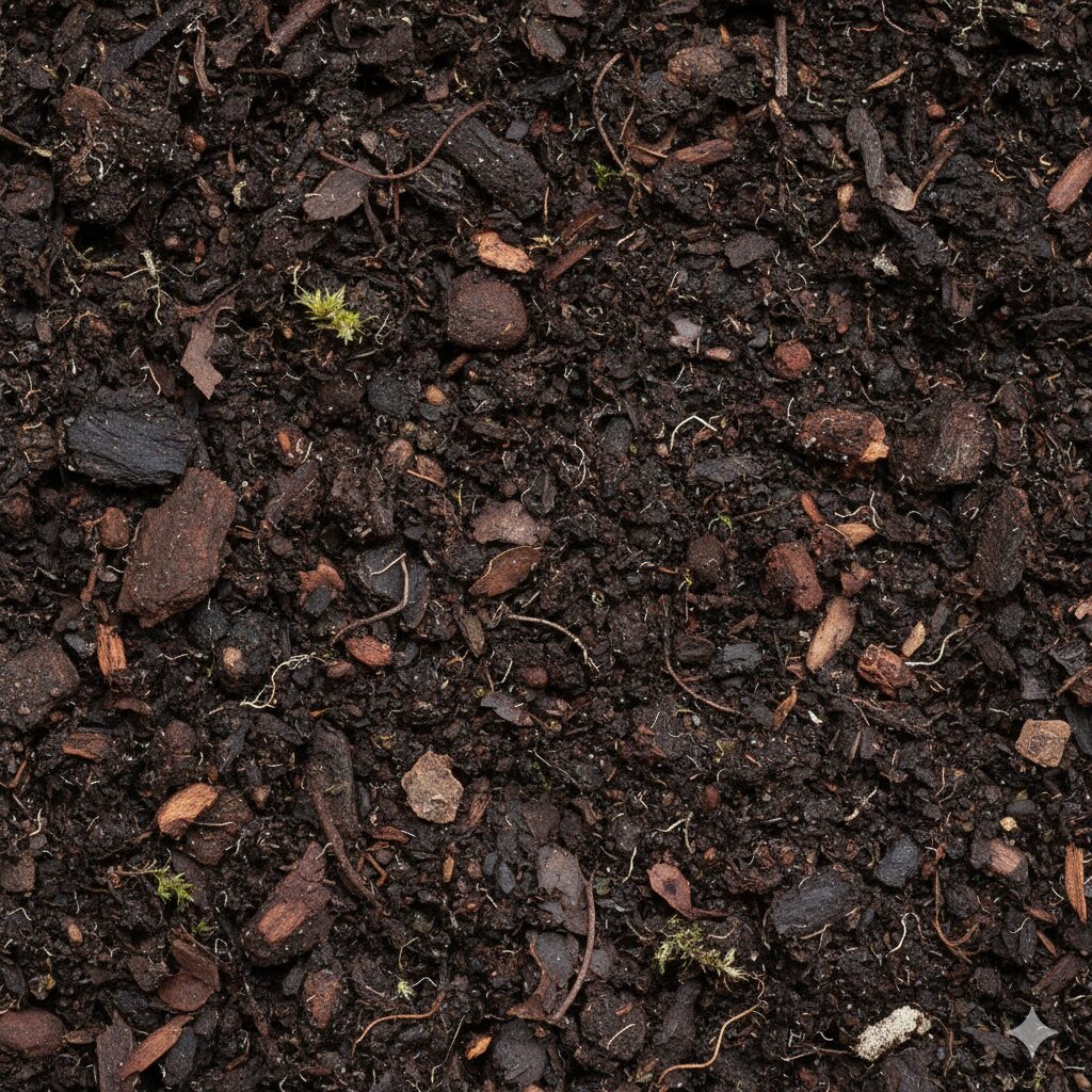 完熟した腐葉土とバーク堆肥のクローズアップ。豊かな有機物の質感と「完熟」の質の良さを視覚的に伝える。