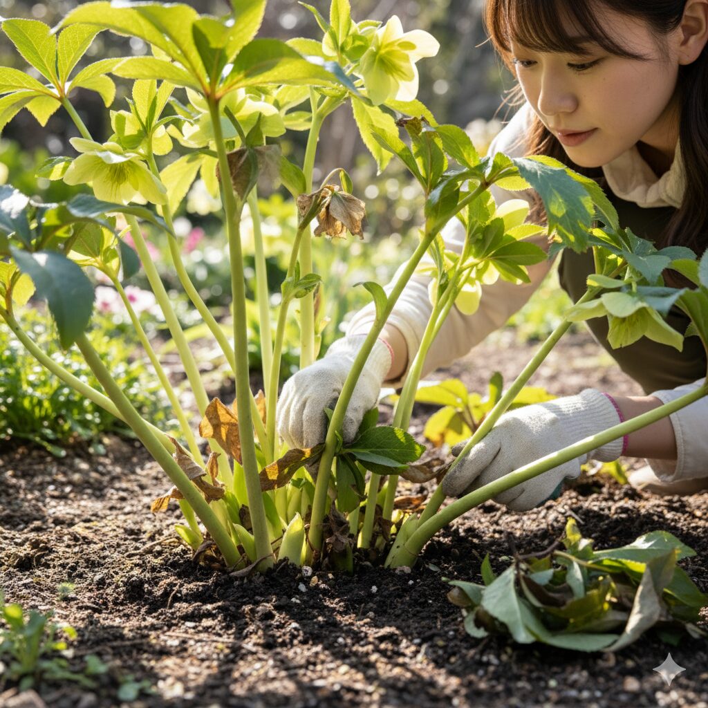 クリスマスローズの古葉を丁寧に取り除き、株元の風通しと衛生を保つ作業風景
