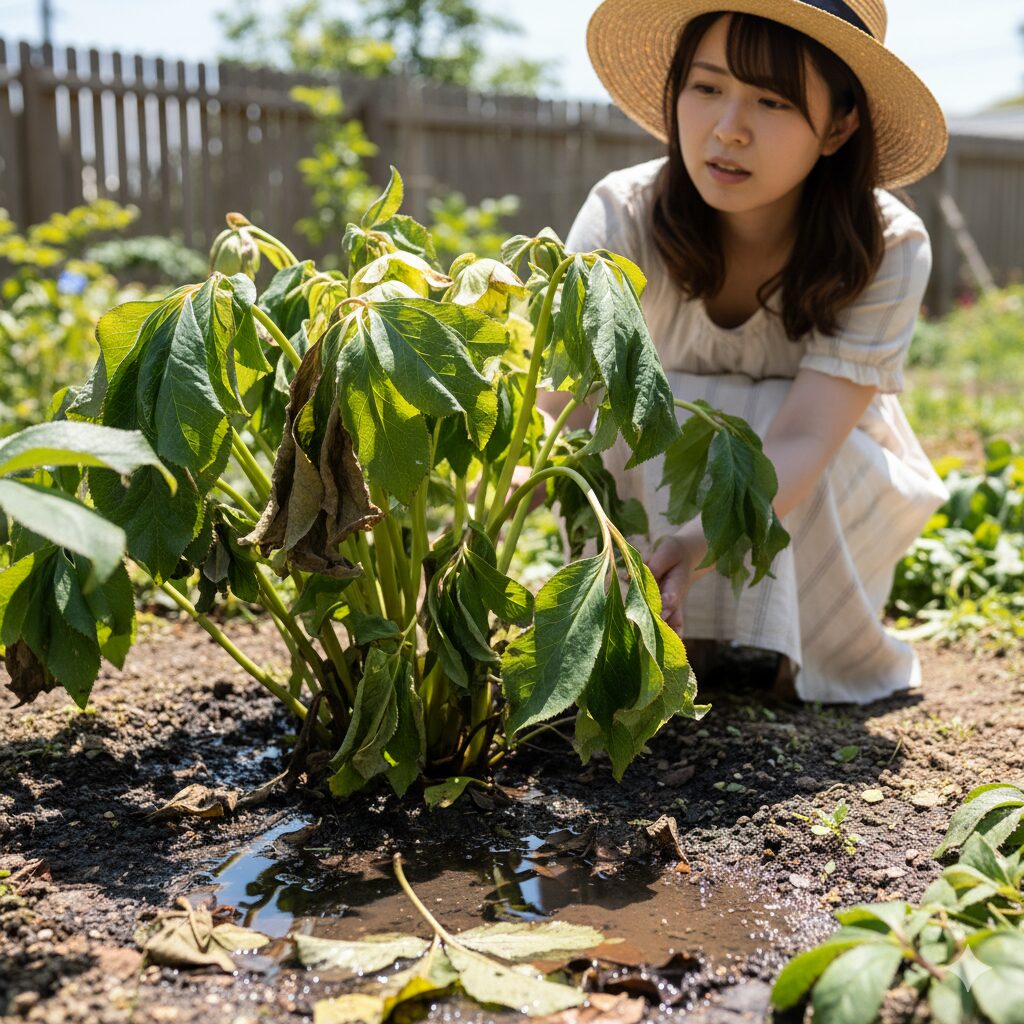 夏の高温多湿で葉が黄変し、ぐったりと萎れたクリスマスローズの株。過湿で根元に水が溜まった土壌の状態