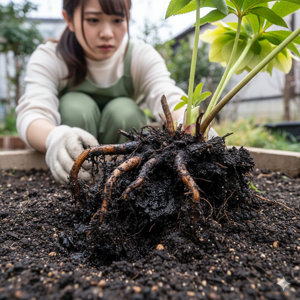 根腐れを起こし黒く変色したクリスマスローズの根のクローズアップ。過湿状態の土壌が根腐れを助長している様子