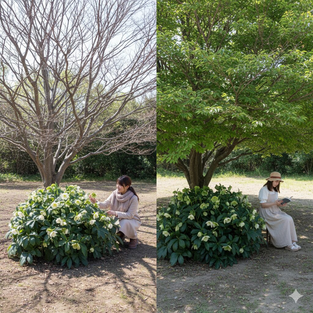 落葉樹の下に植えられたクリスマスローズ。冬の明るい日差しと夏の木陰という理想的な日照条件