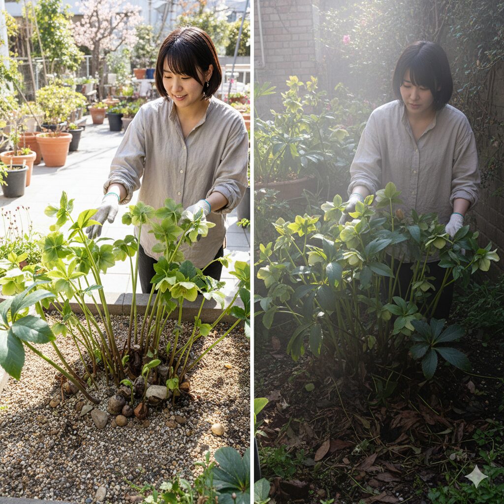風通しの良い場所に植えられ健全に育つクリスマスローズと、風通しが悪く葉が密集して湿気がこもるクリスマスローズの比較