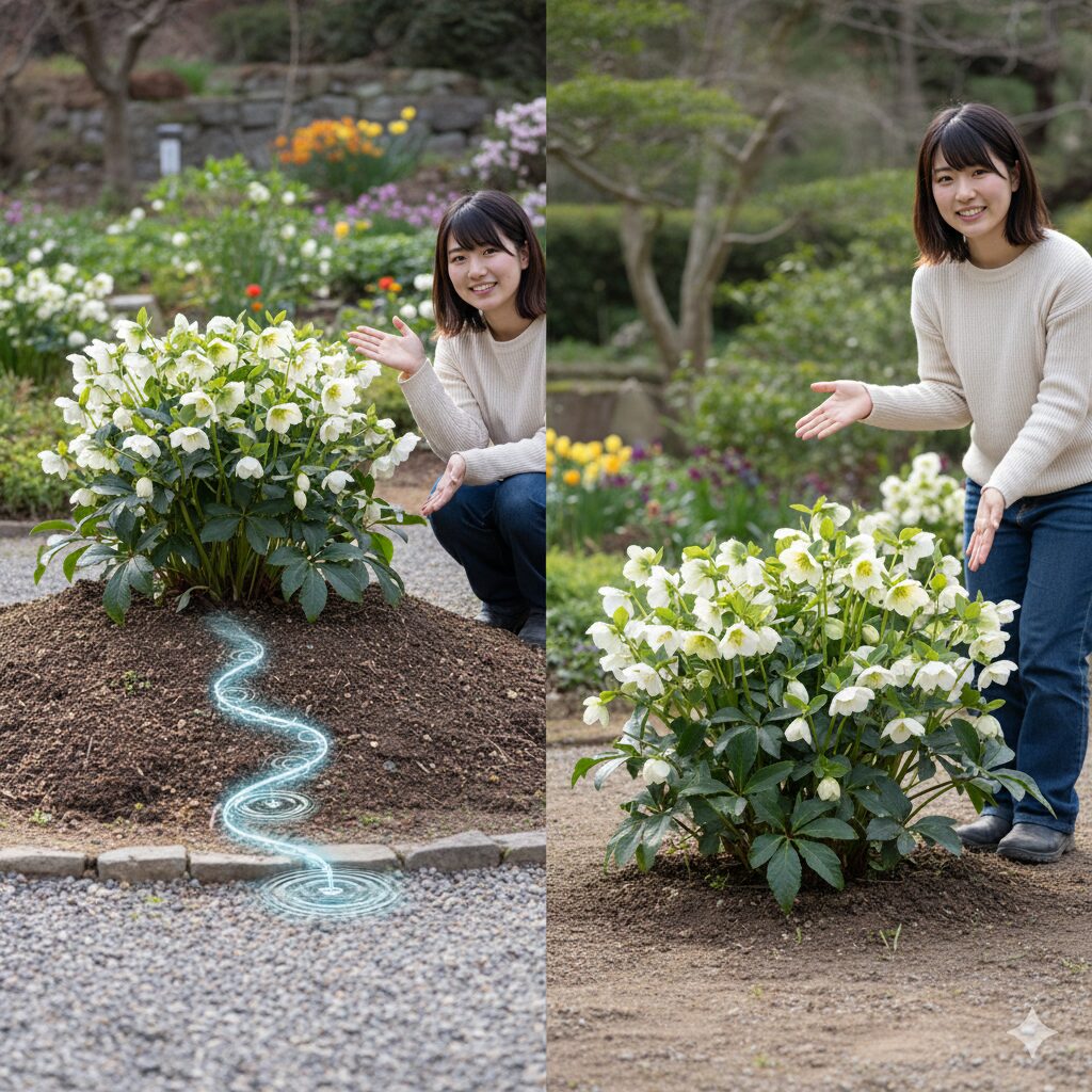 高畝に植えられたクリスマスローズと平地に植えられた株の比較。高畝が過湿を防ぎ、根腐れリスクを低減する効果