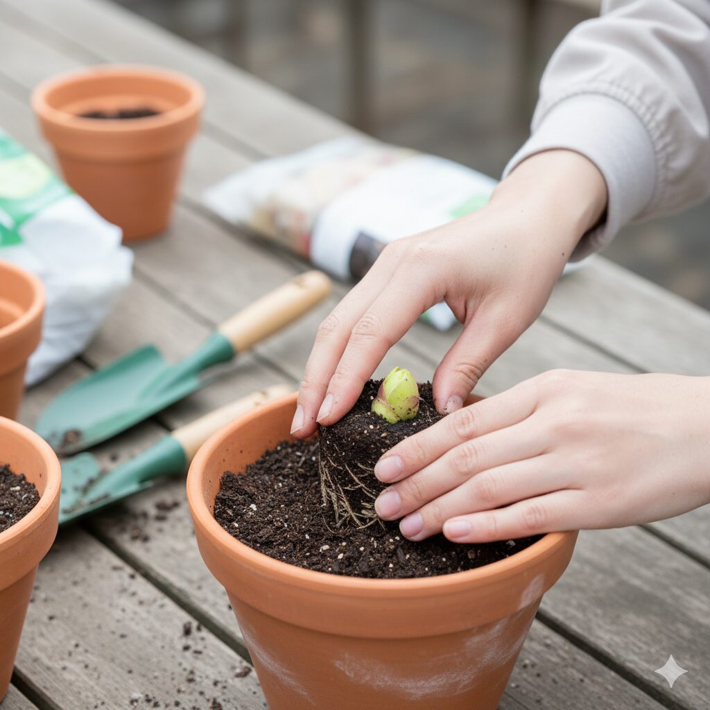 生長点を浅く植え付けたクリスマスローズの株元。根鉢を傷つけないように植え付ける手元の様子
