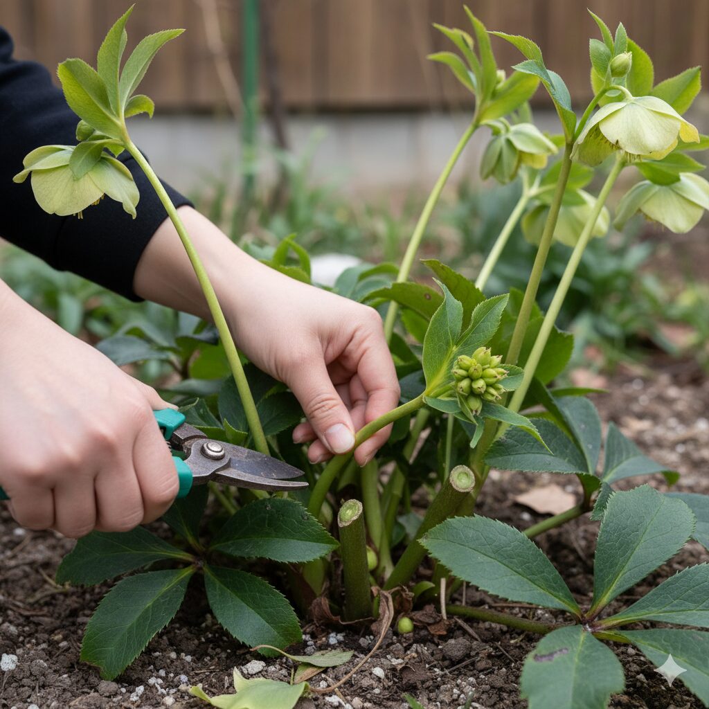 花後のクリスマスローズの花茎を根本から剪定する様子。種子形成前の花茎を切り取り、株の体力を温存