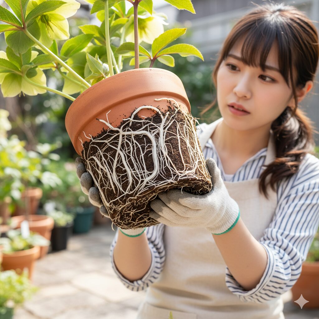 鉢底から白い根が飛び出し、根詰まりを起こしているクリスマスローズの株。植え替えの必要性を示す明確なサイン。