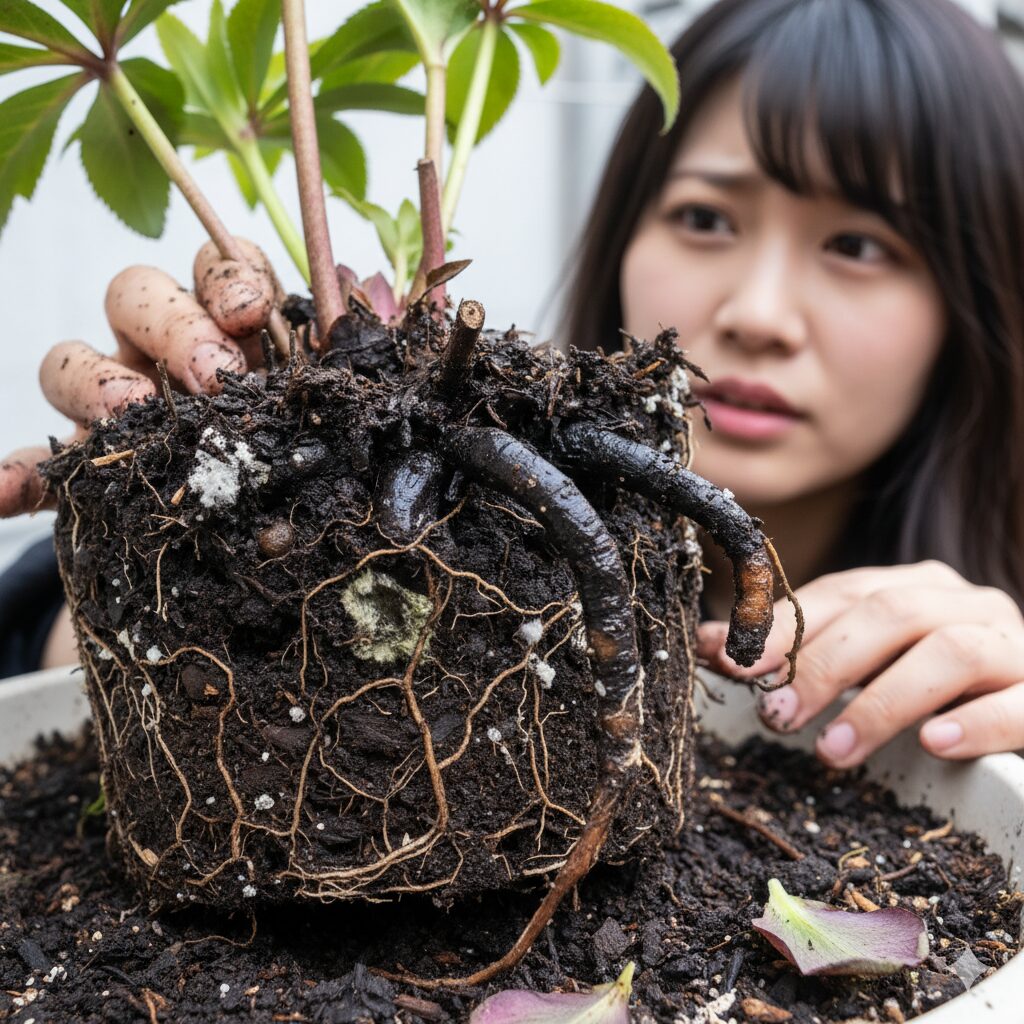 過湿と酸素不足により黒く腐敗したクリスマスローズの根。根腐れが重症化し緊急植え替えが必要な状態。