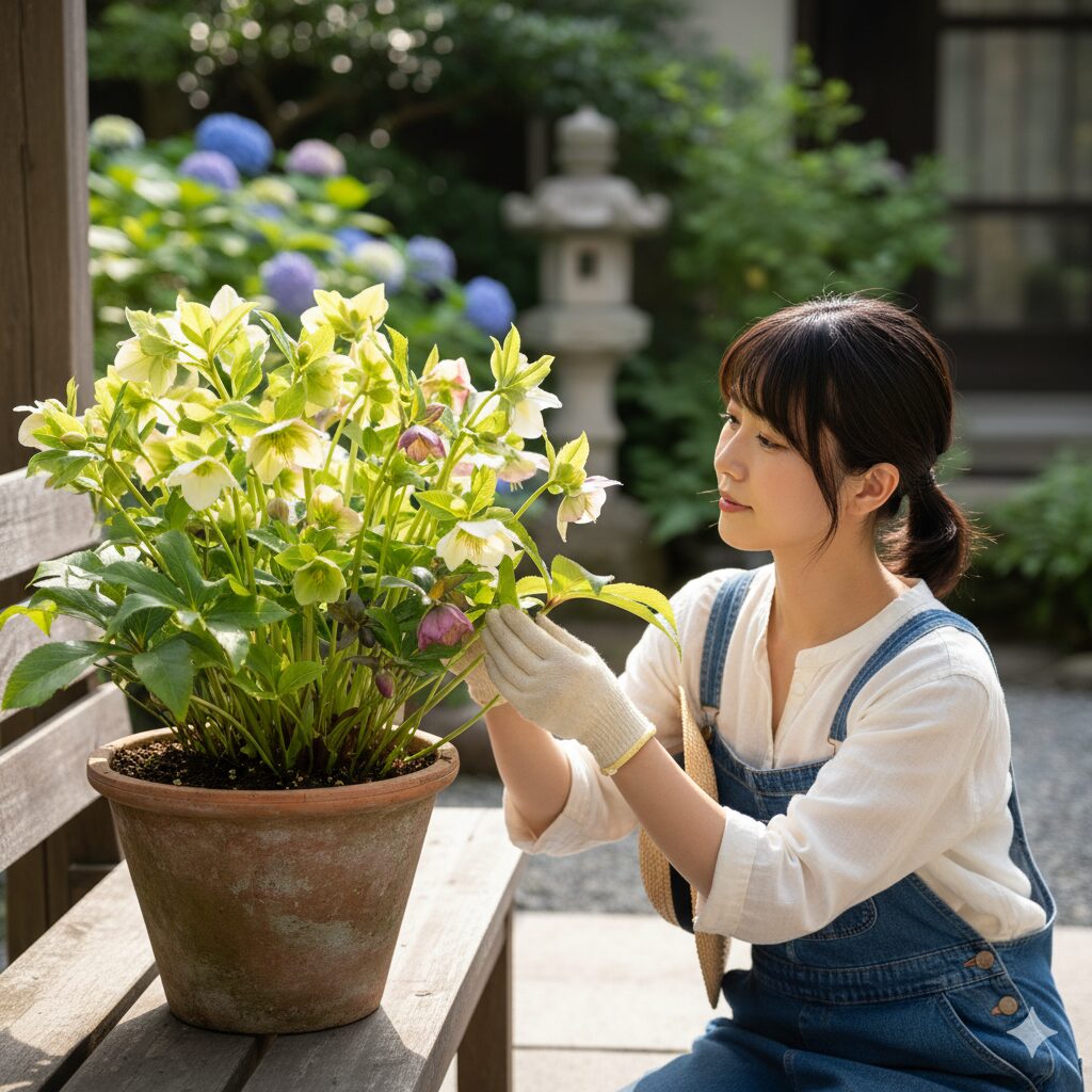 新葉が展開し、開花期を終えた4月〜6月の植え替え最適期にあるクリスマスローズの鉢植え。