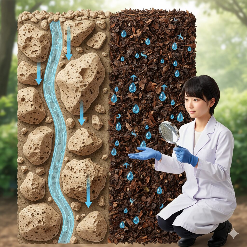 マクロポア（排水・通気）とミクロポア（保水）の構造を示した土壌の断面イラスト。水はけと保水性の両立のメカニズム。