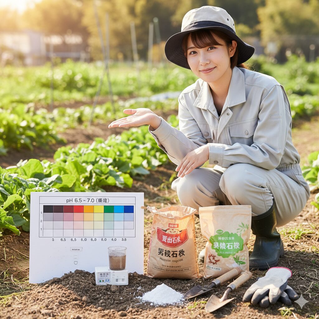 土壌pH測定キットで計測された弱酸性〜中性（pH6.0〜7.0）の土壌と、土壌改良資材。クリスマスローズが好むpH調整の様子。