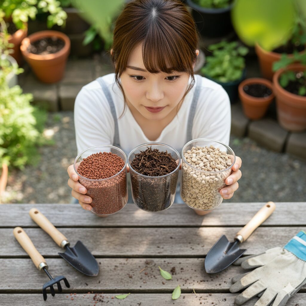 クリスマスローズ植え替え用の土配合黄金比率（赤玉土4：腐葉土3：軽石3）の材料と比率を示す写真。