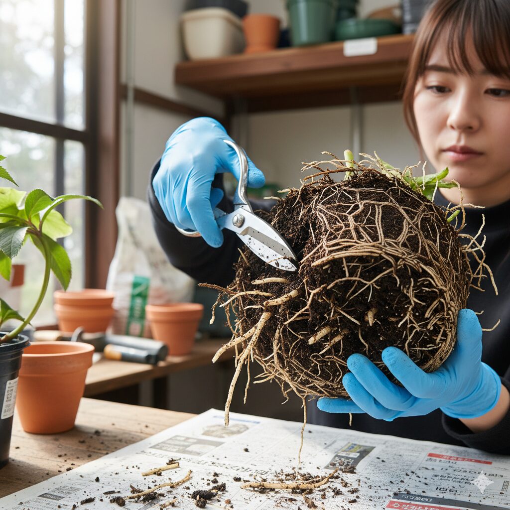 植え替え時に腐敗した黒い根を清潔なハサミで切り取り、根腐れした患部を切除しているクリスマスローズの根の処理作業。