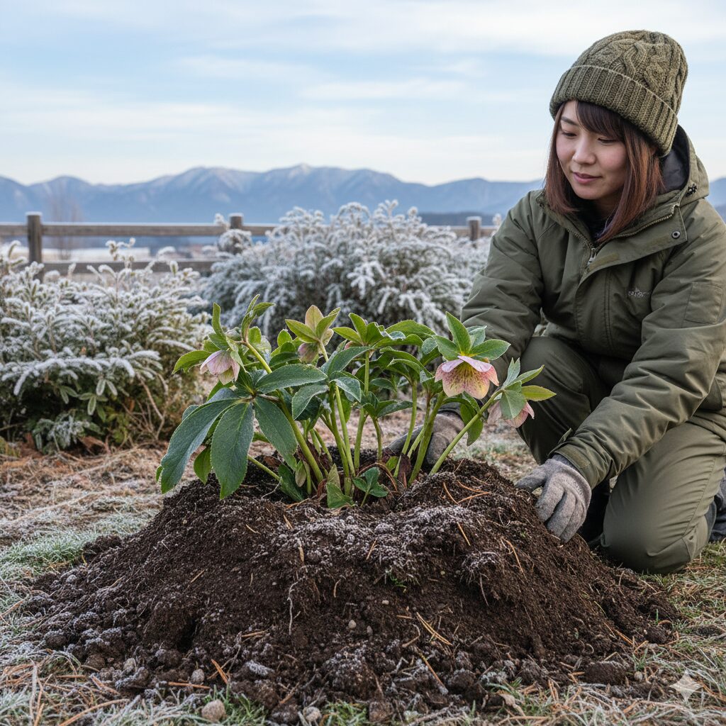 寒冷地での凍み上がり（霜の膨張による根の持ち上がり）を防ぐために、通常の深さよりやや深植えにされたクリスマスローズの株元。