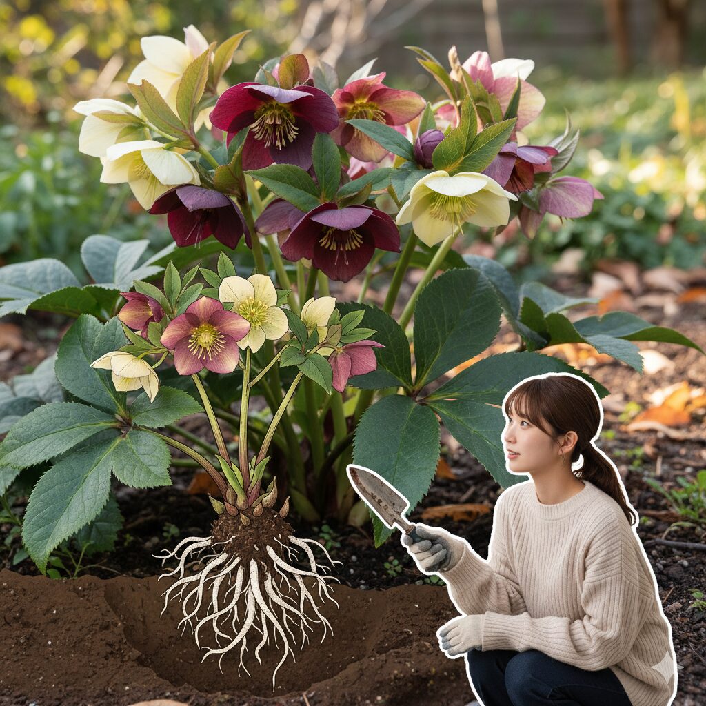 クリスマスローズの地植えにおける最適な植え替え時期を解説する、秋の根の活動と白い新根の状態。