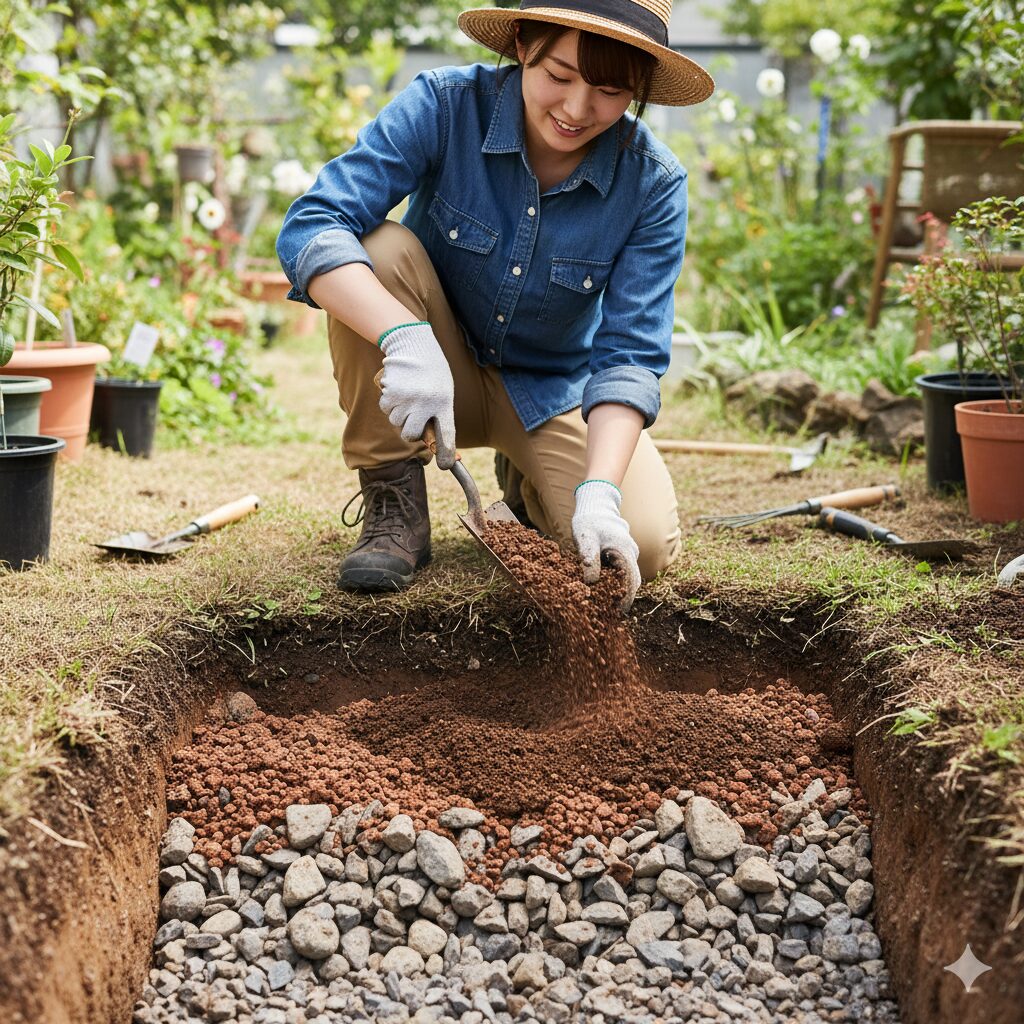クリスマスローズの地植え成功に不可欠な、深さ50cmの土壌を掘り起こして改良材を混ぜる土壌構築作業。