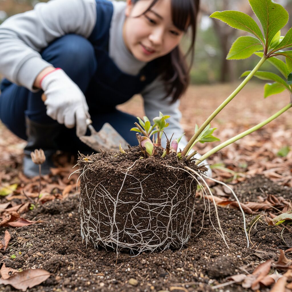 クリスマスローズが秋の低温期に活発に伸ばす、新しい白い根(白根)の様子。