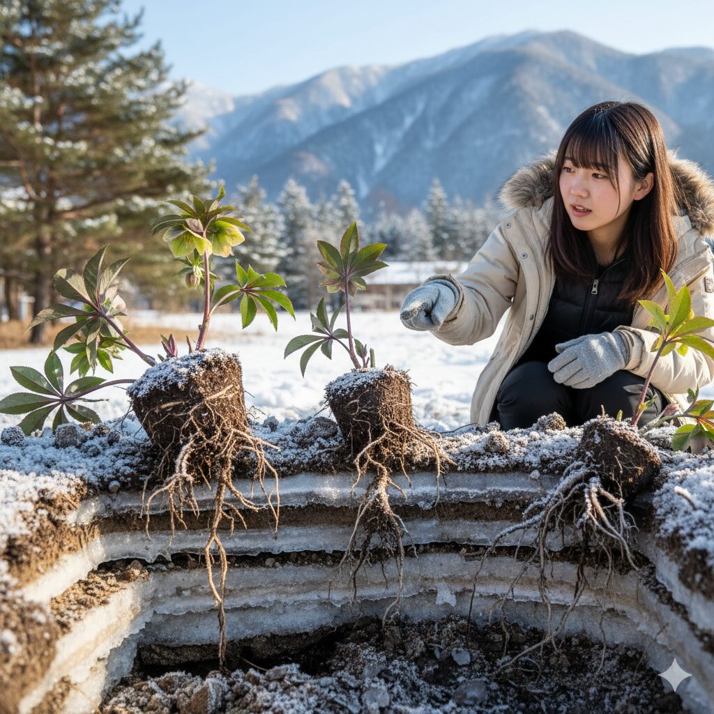 寒冷地で植え替え時に注意すべき、土壌の凍結と融解によるクリスマスローズの根の凍上(凍み上がり)現象。