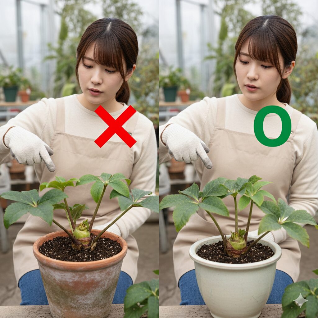 クリスマスローズの生長点(クラウン)を埋めてはいけない深植えと、クラウンを地表に出す適切な植え付け深さの図。