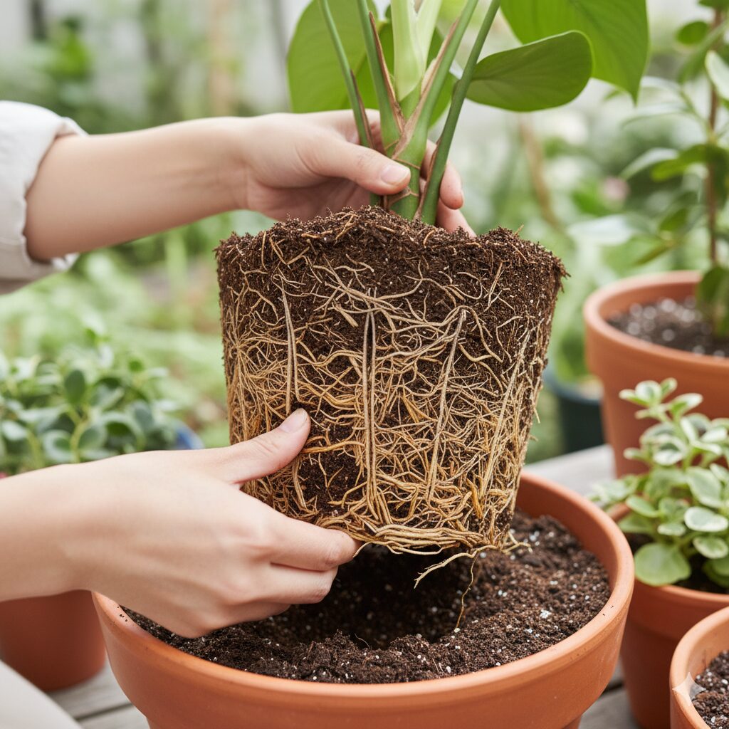 根の活着を促すために、鉢から出したクリスマスローズの根鉢をほぐし、新しい土壌に放射状に広げて植え付ける方法。