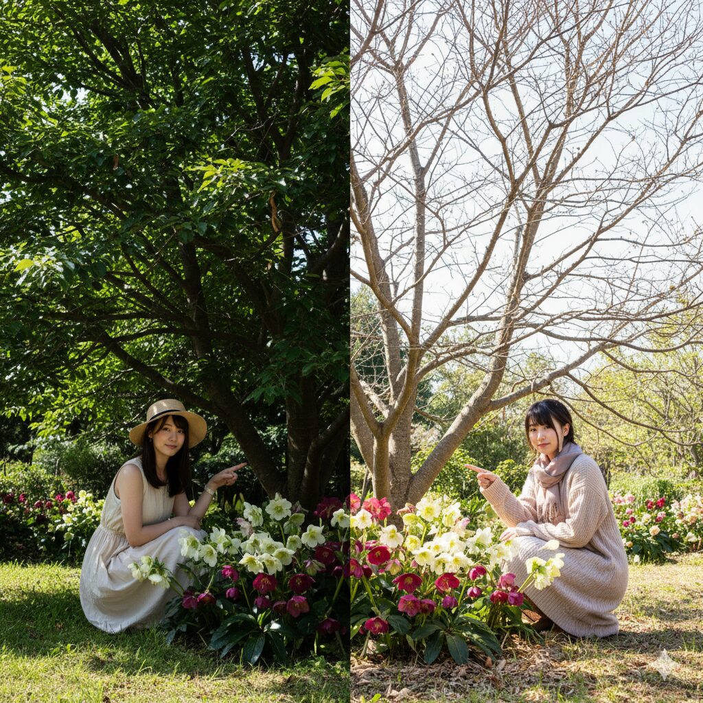 クリスマスローズの栽培に最適な、夏に日陰を作り冬に日差しが当たる落葉樹の根元の環境。