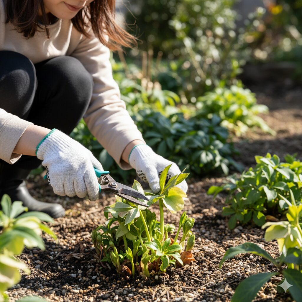 病害予防のために、秋から冬にかけて古い葉(古葉)を根本から切り取り、株元の風通しを改善するメンテナンス作業。