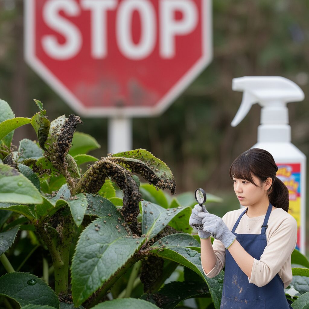 クリスマスローズの葉に付着したアブラムシと黒死病の症状。