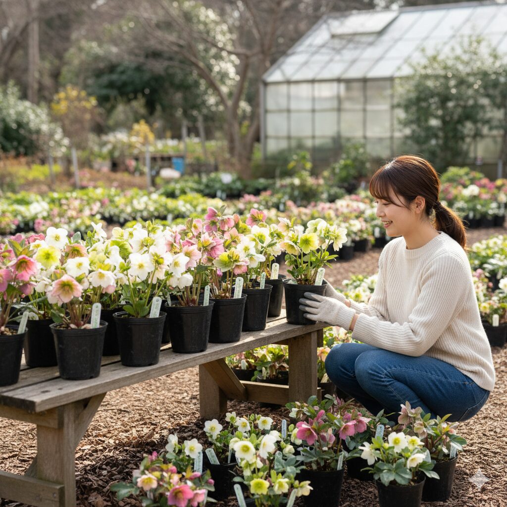 ヘレボルス・ピコティ系のクリスマスローズ(白地に縁がピンク)が複数鉢植えで並べられており、タグには「初心者向け」「育てやすい」と書かれている。周りには他の育てやすいクリスマスローズの品種の小さい鉢が並べられている。
