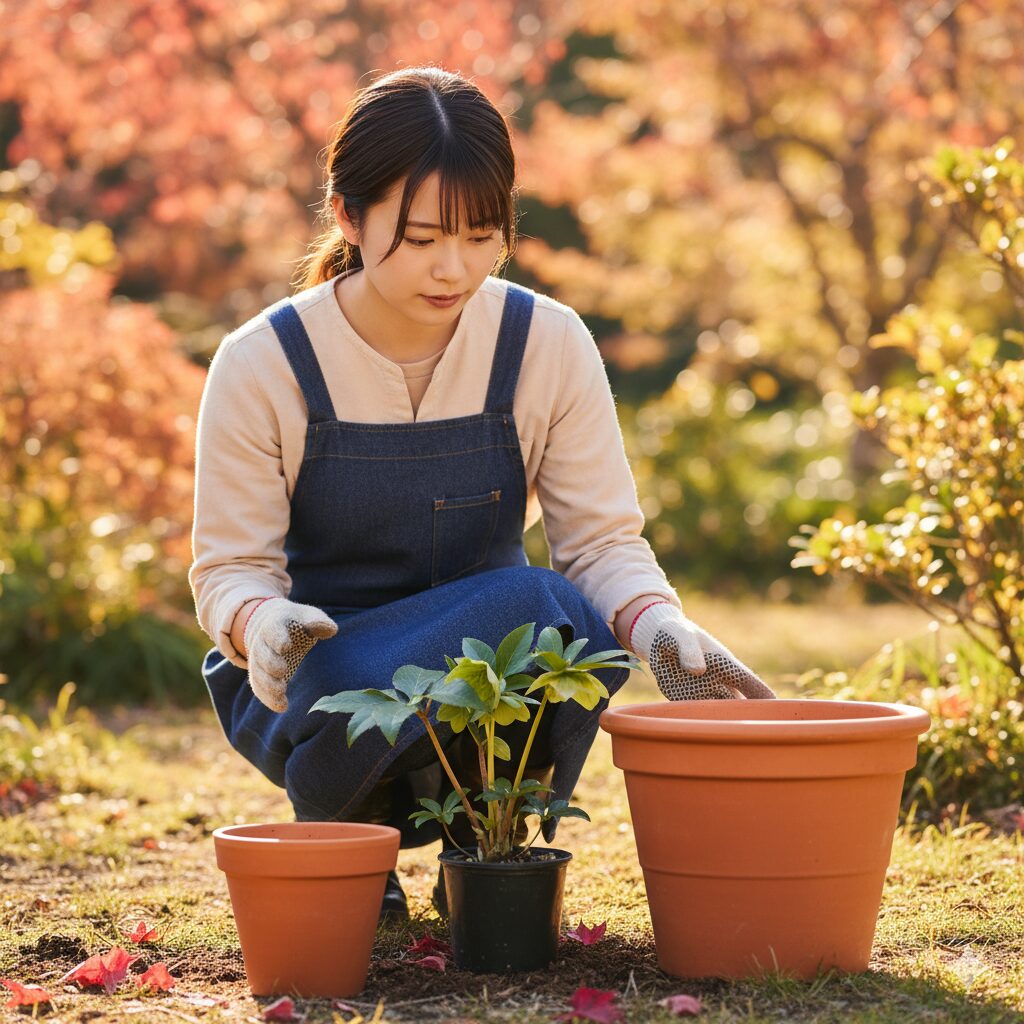 クリスマスローズの苗と、適切なサイズの鉢。秋の植え付け時期を示す光景。