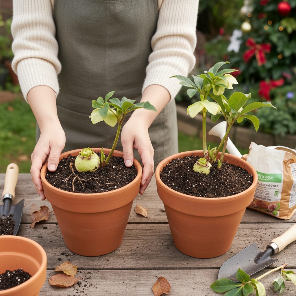 クリスマスローズの正しい浅植えと誤った深植えの比較。