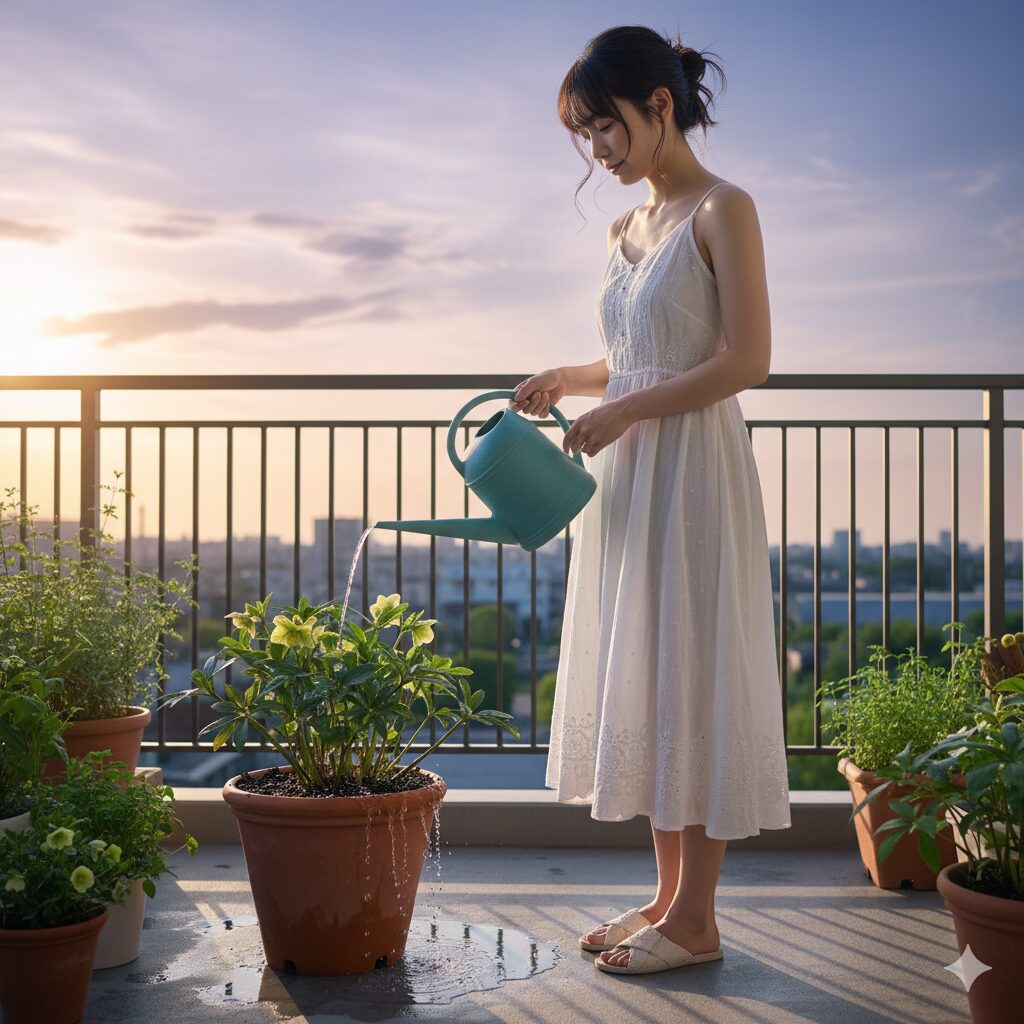 夏の夕方にクリスマスローズの鉢植えに水やりをする様子。