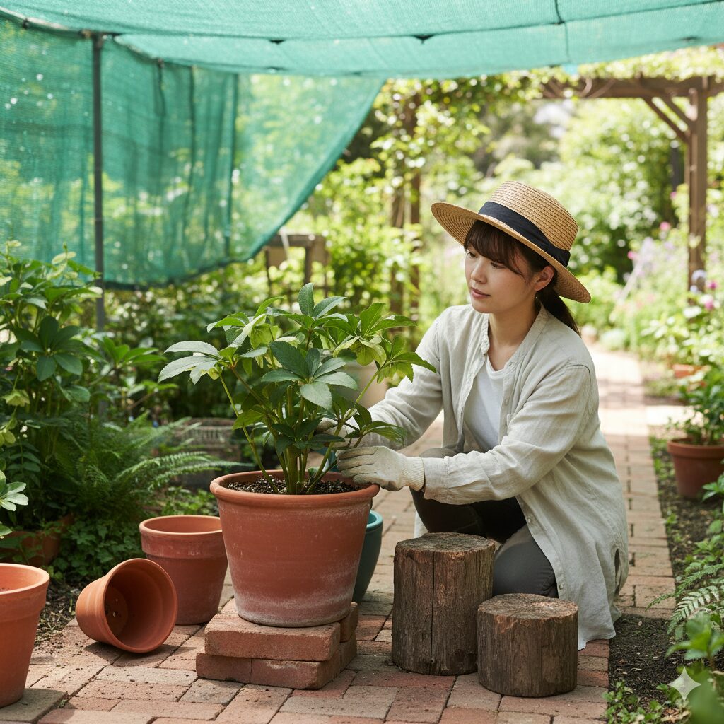 夏のクリスマスローズの鉢植えを遮光ネットの下に移動させている様子。