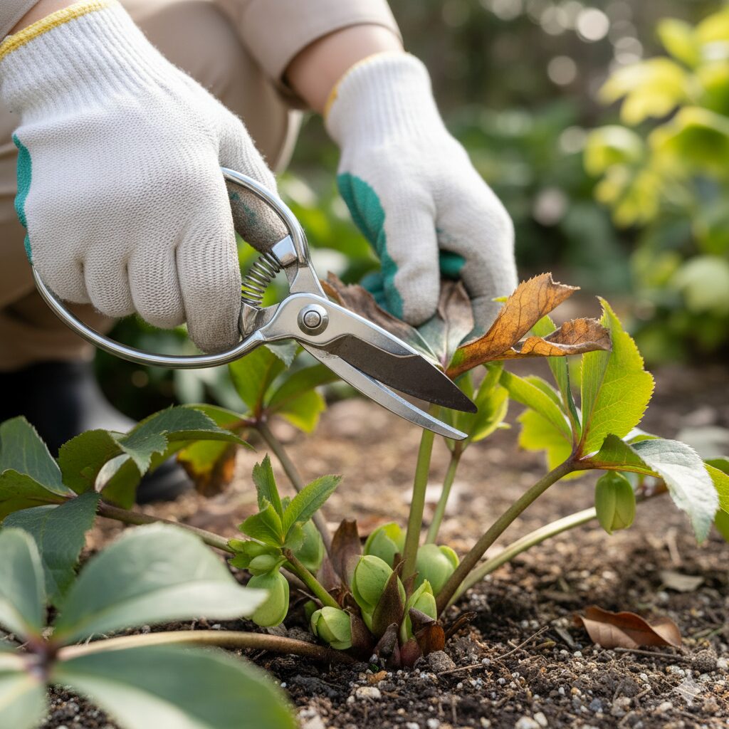 クリスマスローズの古葉切りをしている様子。新しい花芽が見える。