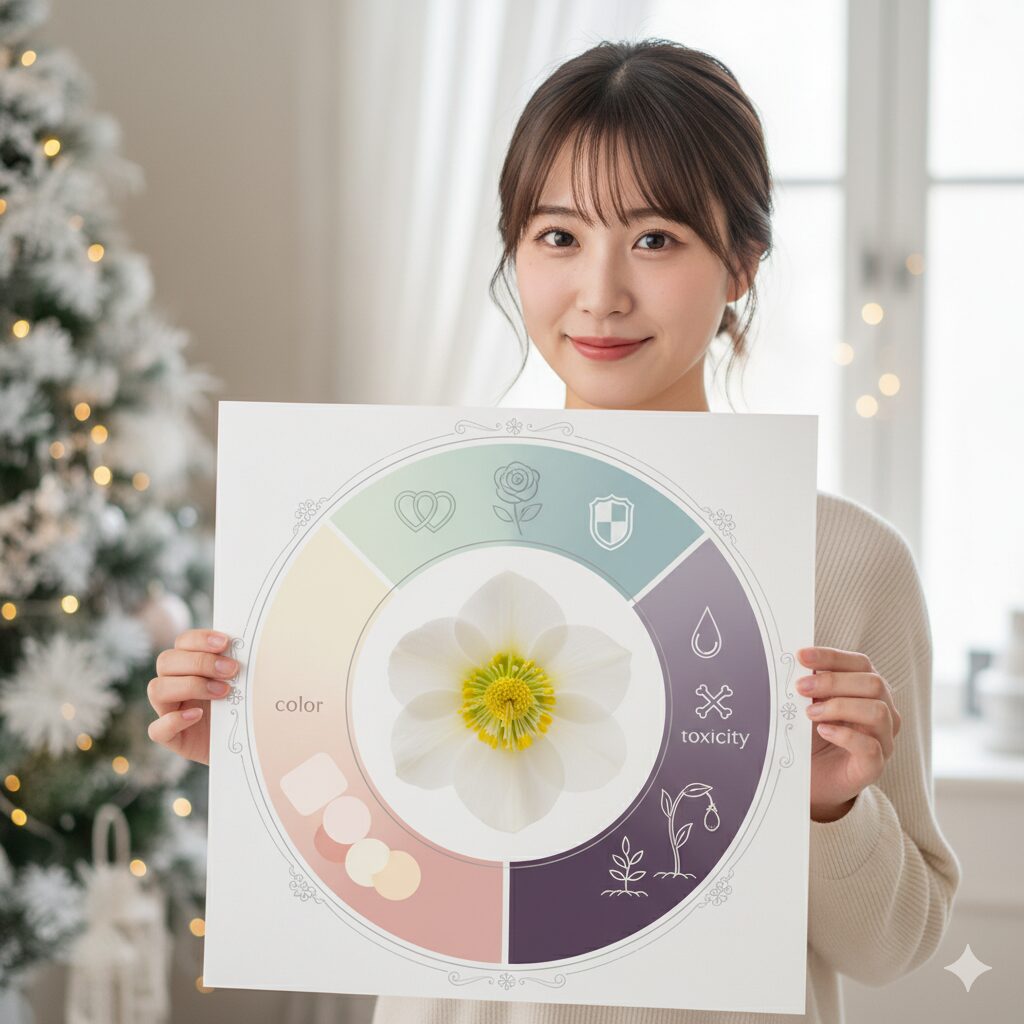 クリスマスローズの花言葉と色、毒性の情報を集約した二面性の魅力を解説するインフォグラフィック