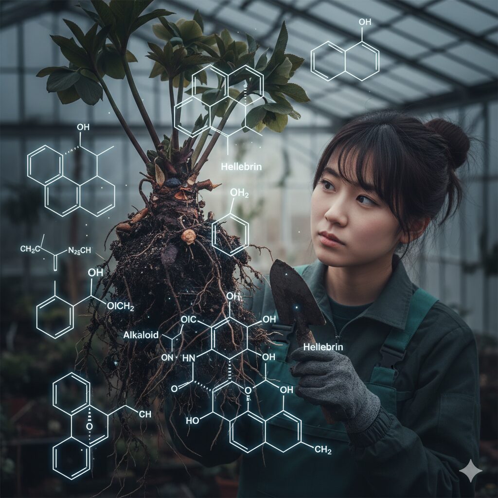 クリスマスローズの根茎と強心作用を持つ主要毒性成分ヘレブリンの化学構造式図解