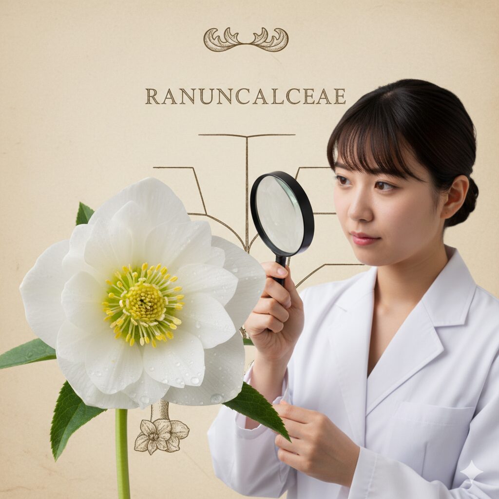 キンポウゲ科の白いクリスマスローズの学術的なクローズアップ画像