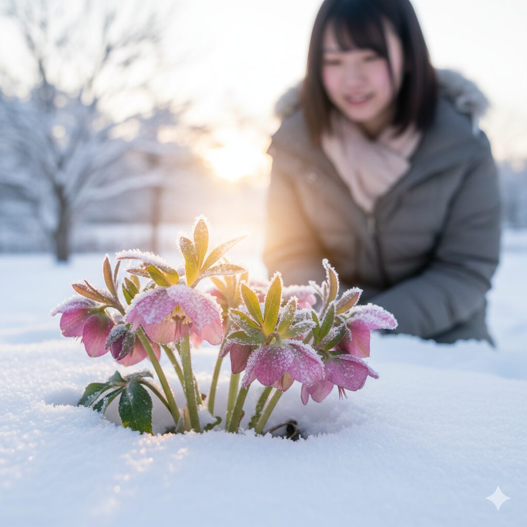 「慰め」や「希望」を象徴する、厳しい冬の雪景色の中で咲くピンクのクリスマスローズ