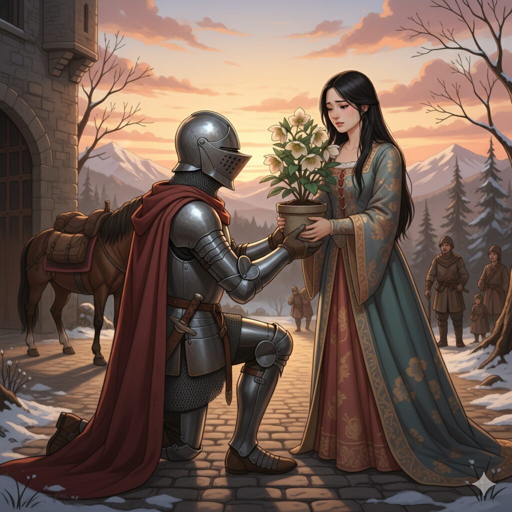 中世の騎士が恋人にクリスマスローズを贈るロマンチックなシーンのイラスト