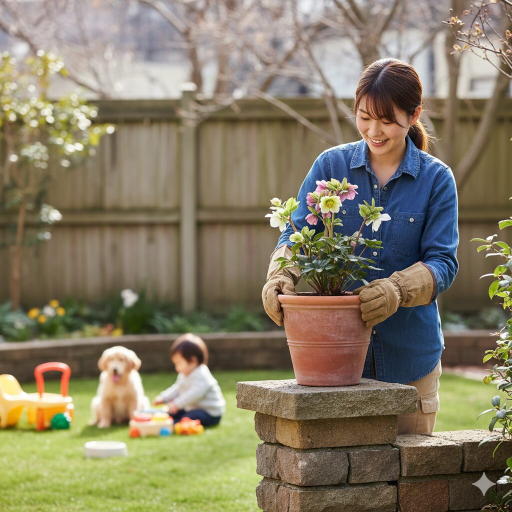 クリスマスローズの安全な植え替え：グローブを着用し、ペットや子供から隔離して栽培するイメージ