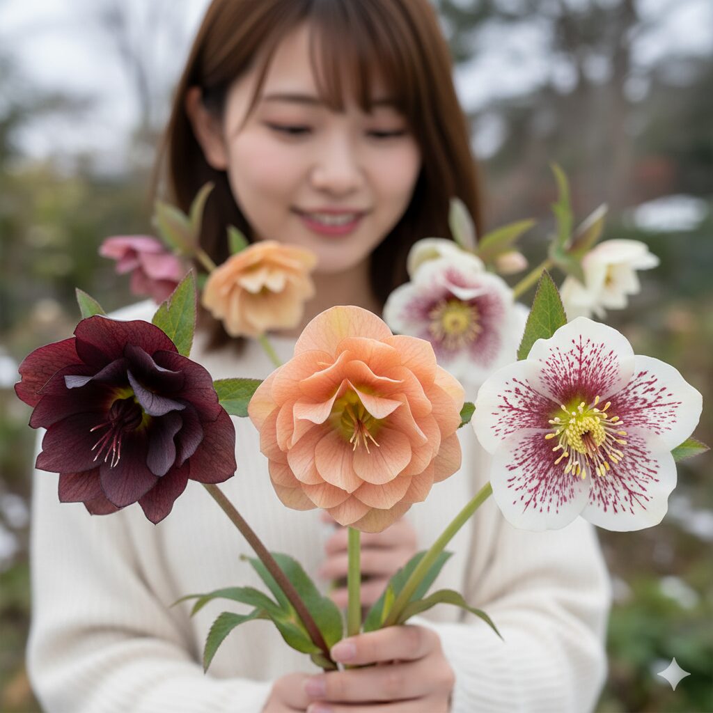 クリスマスローズの人気色：ルセーブラック、アプリコット、レッドスポットの多様な品種の比較画像