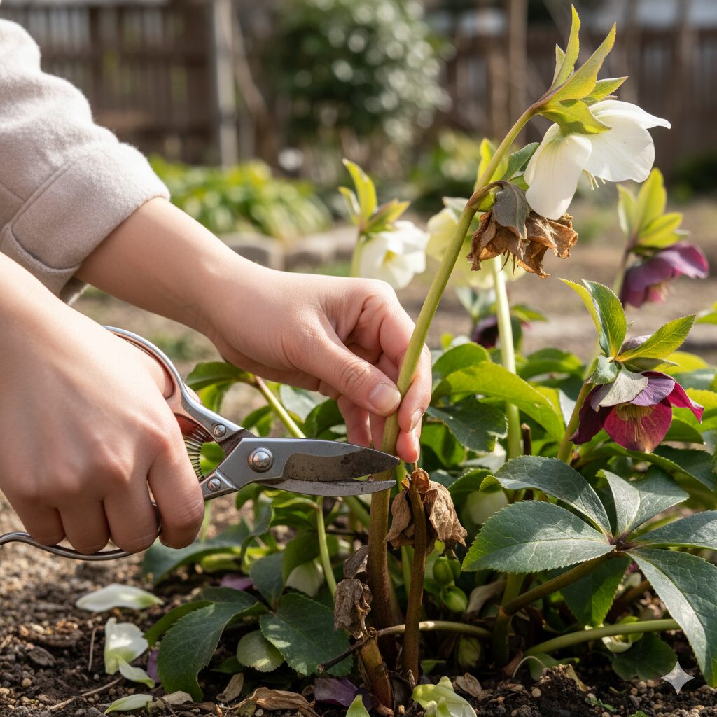 開花後にクリスマスローズの花茎を根元から剪定する