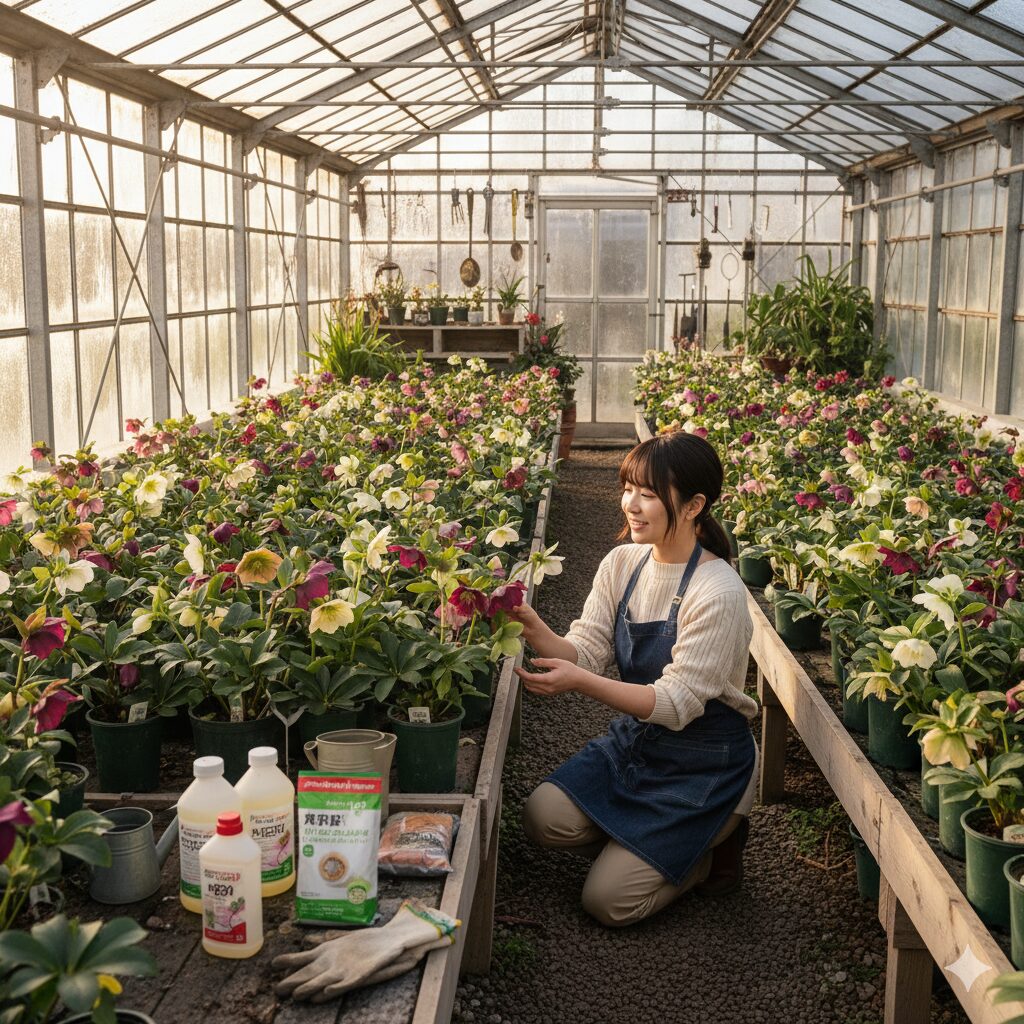 鉢植えのクリスマスローズが並ぶ温室で冬越し準備をする様子