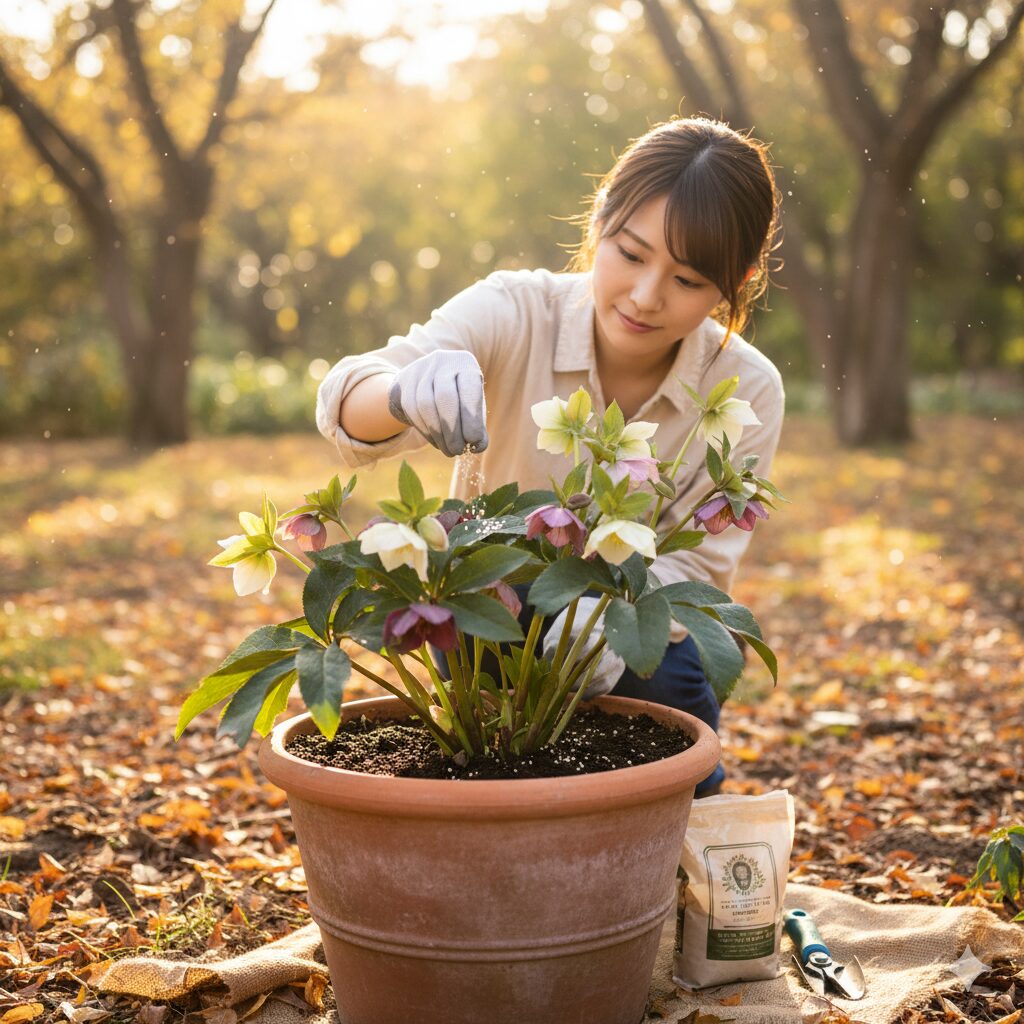 秋に緩効性肥料を施し栄養補給をするクリスマスローズの鉢植え