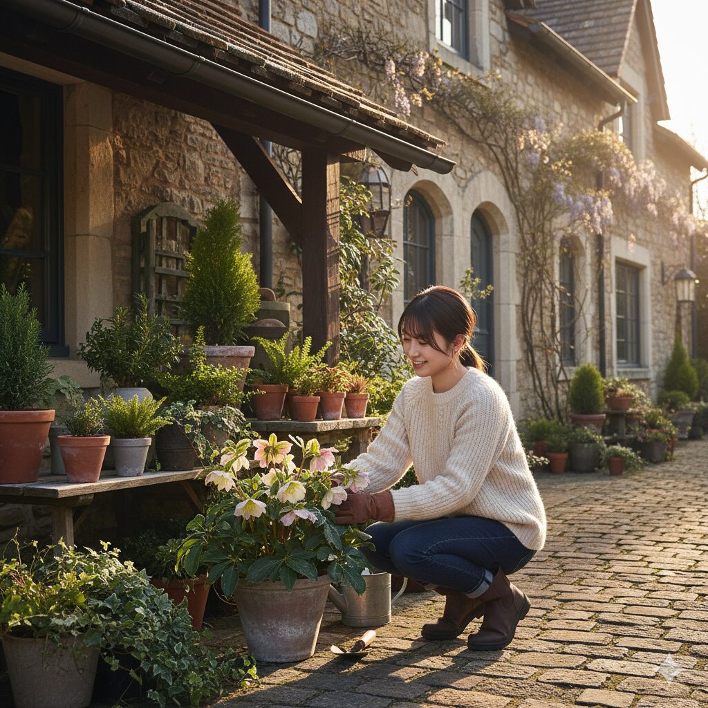 軒下で冬越しする日当たりの良い場所のクリスマスローズ鉢植え
