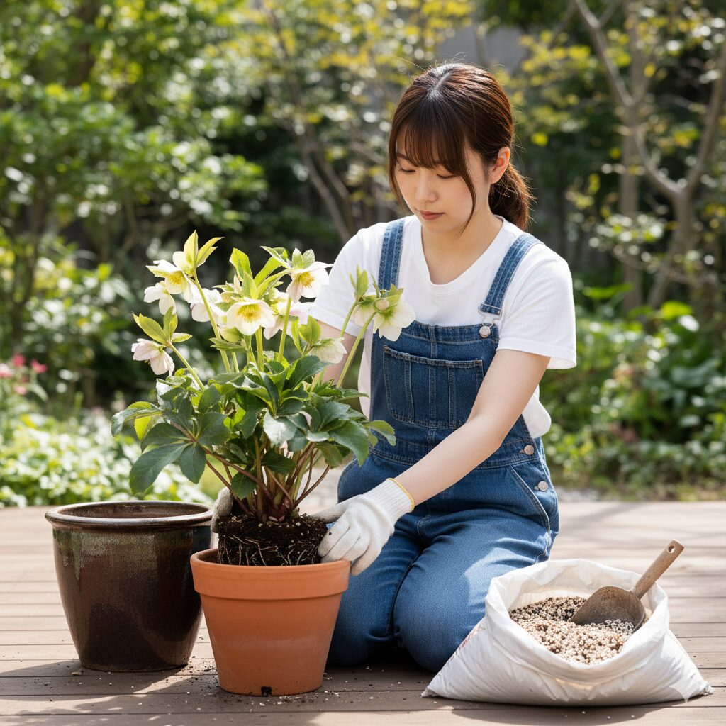 根詰まりを避けるために一回り大きな鉢に植え替えるクリスマスローズ