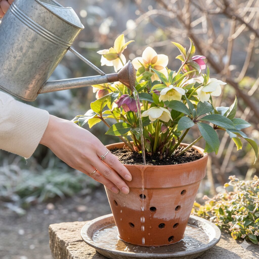 鉢底から水が流れ出るまでたっぷりと水やりをするクリスマスローズ