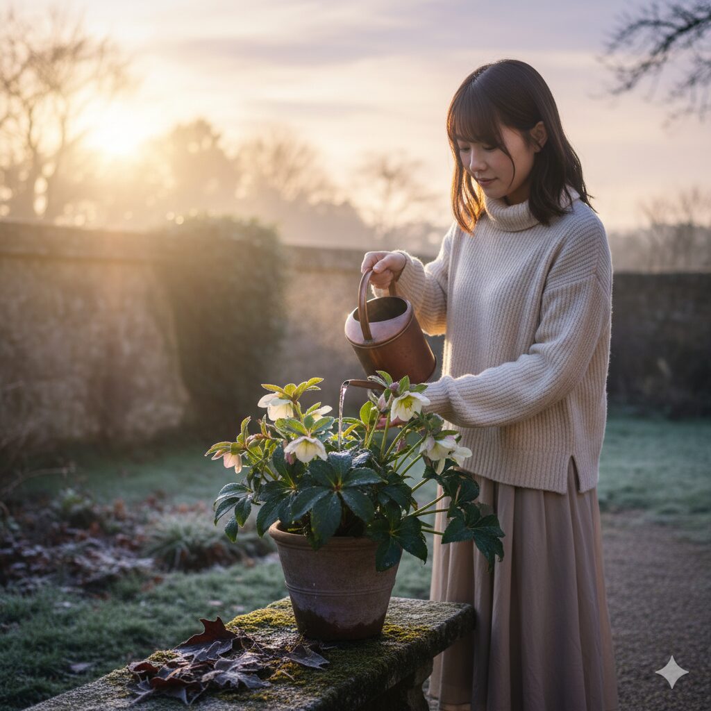 早朝のひんやりとした空気の中、クリスマスローズの鉢植えに、温かい日光が当たるように水を与えている様子。