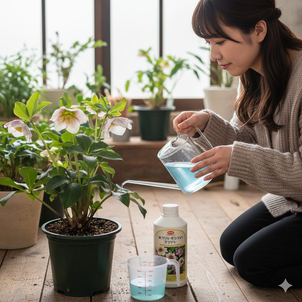 成長期のクリスマスローズ鉢植えに液体肥料を追肥する