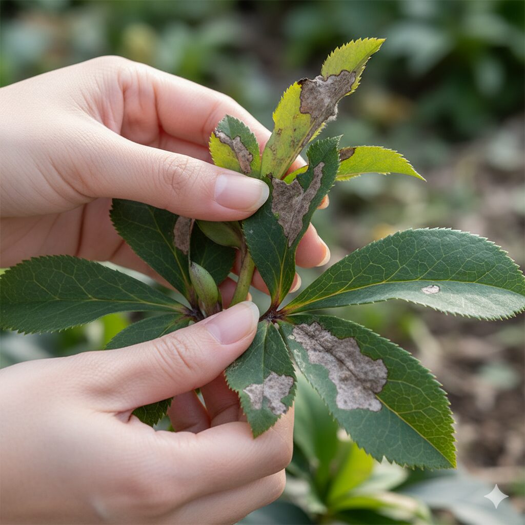 灰色カビ病の兆候が見られるクリスマスローズの葉