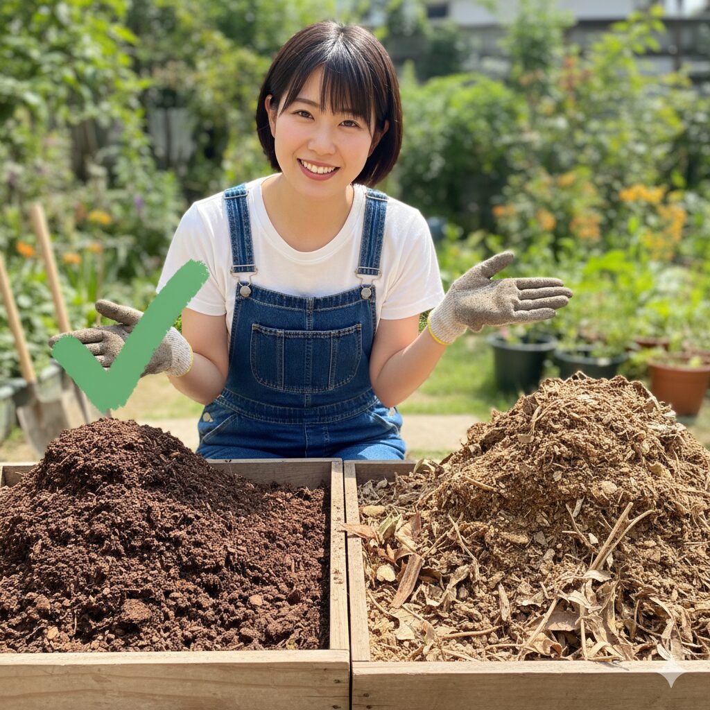 クリスマスローズ地植えに使用する完熟有機肥料と未熟有機肥料の比較イメージ