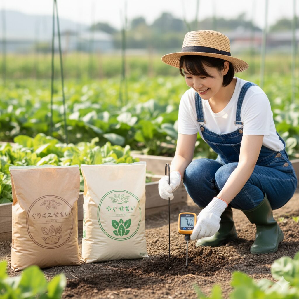 クリスマスローズの生育に適した弱酸性から中性(pH 6.5-7.5)の土壌とpH調整用の石灰資材